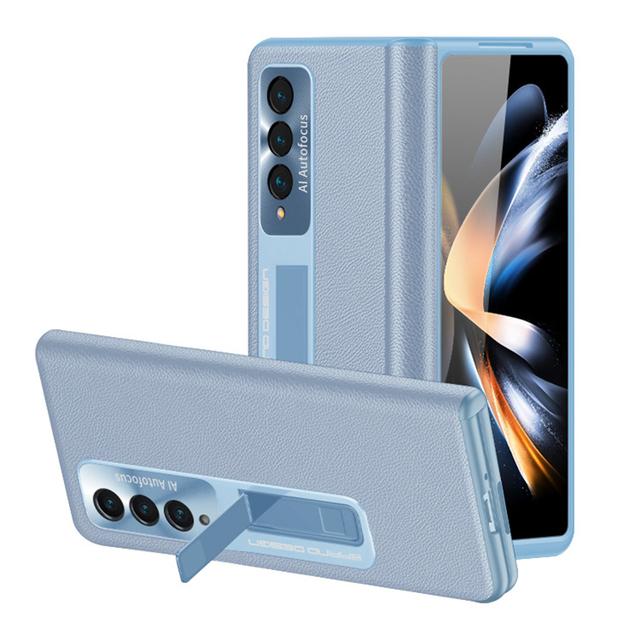 Leather Folding Case For Samsung Galaxy Z Fold 4 5g Hinge Protection Case With Magnetic Holder &Tempered Glass Slim Shockproof