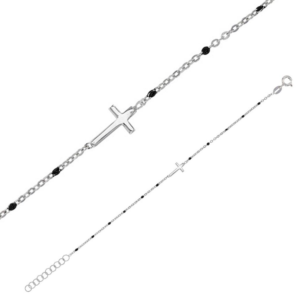 Les Trésors De Lily [R4981] - Bracelet Argent artisanal 'Croix' noir argenté (rhodié) - 13x6 mm