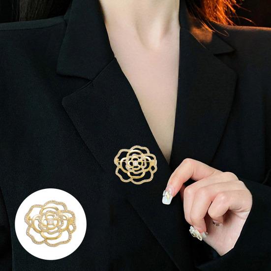 Women Brooch High-Gloss Rhinestone Inlay Sparkling Hollow Camellia Design Lapel Pin Non-Slip Buckle Scarf Badge Clothing Bags Accessories
