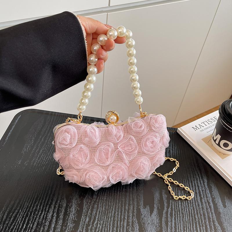 Wedding Evening Clutch Romantic Metal Chain Crossbody Bag Pearl Handle Clutch Elegant Lace Flower Evening Bag For Wedding