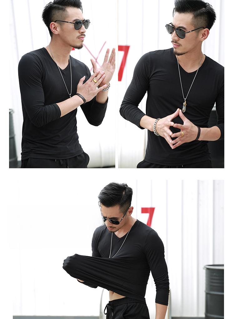 Men's Solid Color Long-Sleeve V-Neck T-Shirt - Casual Spring/Autumn Bottoming Shirt