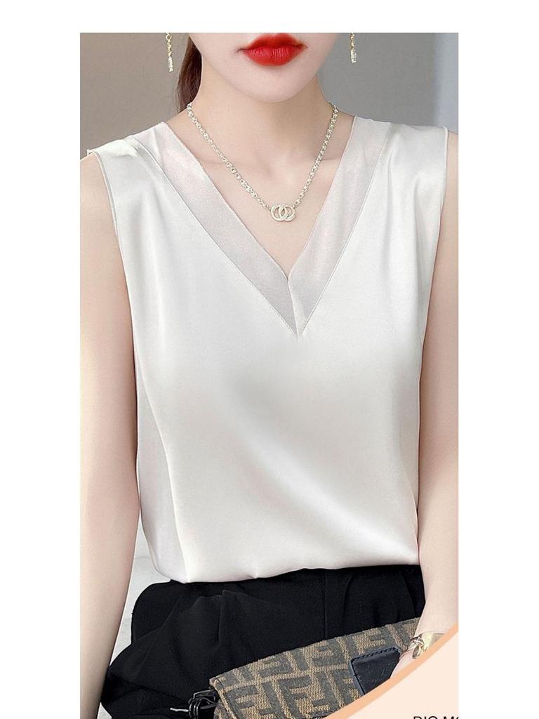 Damen Weißer Satin V-Ausschnitt Weste: 2025 Sommer Ärmelloses Freizeit-Top