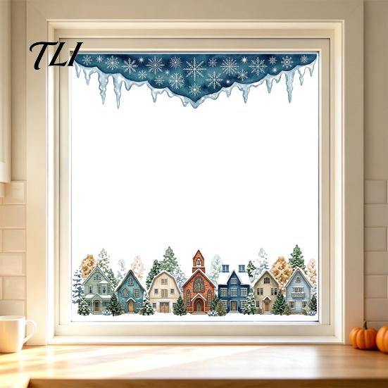 Indoor Festive Atmosphere Decor Christmas Winter Village Static Window Clings, Snowflake Snow House Removable Holiday Stickers, Decals for Xmas