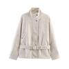 Womens Oversized Wool Blend Zip-Up Stand Collar Jacket With Waist Belt 2026 Streetwear Loose Fit Mid-Length Coat