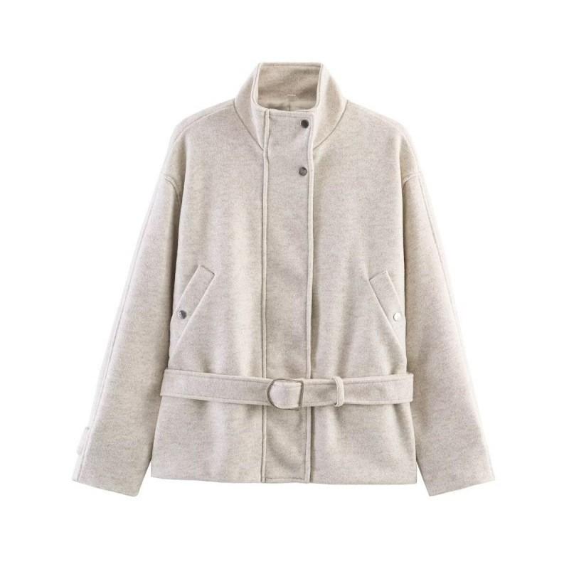 Womens Oversized Wool Blend Zip-Up Stand Collar Jacket With Waist Belt 2026 Streetwear Loose Fit Mid-Length Coat