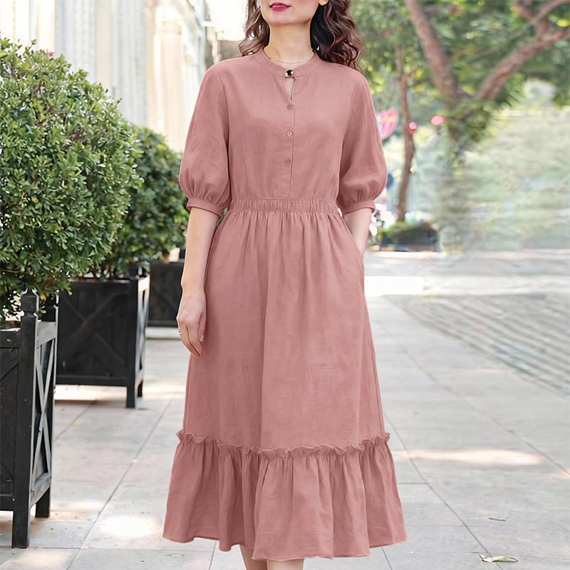 ZANZEA Women Summer Stand Collar Casual Half Sleeve Dress