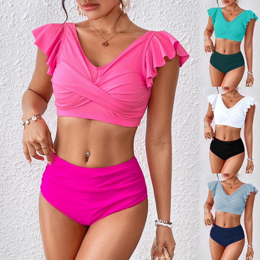 Women's Swimsuit Solid Color Ruffles Sexy High Waist Swimsuit Bikini Separate Suit Beach Wear