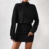 Women High Waist Hip Hugging Knitted Dress Long Sleeve Solid Color High Neck Casual Spring Autumn Above Knee Pit Stripe Dresses