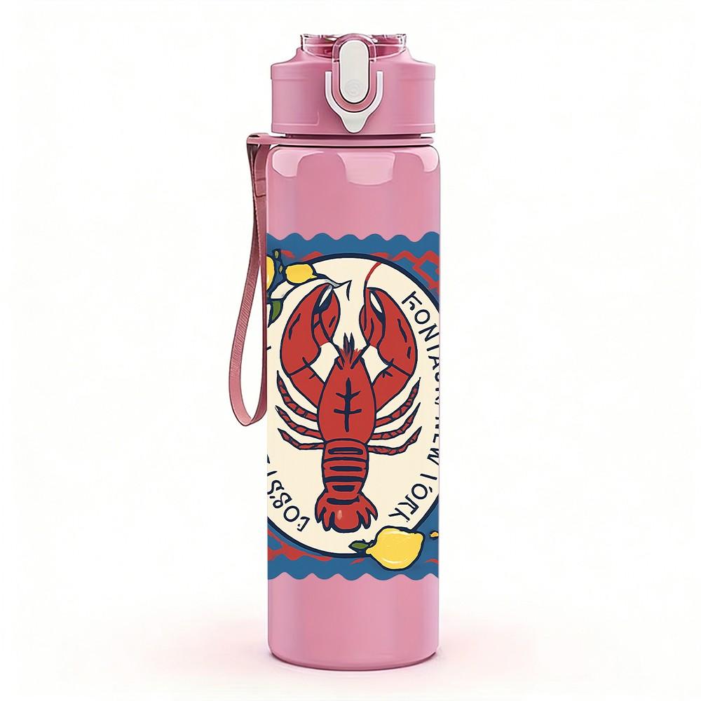 1PC Vintage Lobster Stamp Art 750ml Color Plastic Sports Water Bottle Leakproof Flip Straw Lid Suitable for Sports Office Home Use