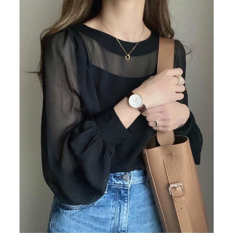 Women Loose Long Lantern Sleeve Round Neck Casual Chiffon Beach Shirt M