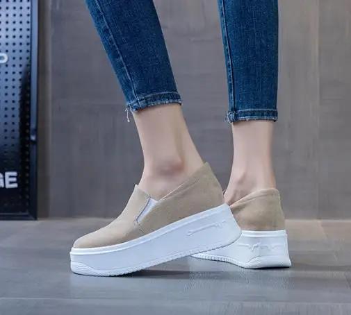 Fashion 8CM Genuine Leather Autumn Spring Platform Wedge Flats Breathable Sneaker Chunky Casual Women Loafers Moccasins Shoes
