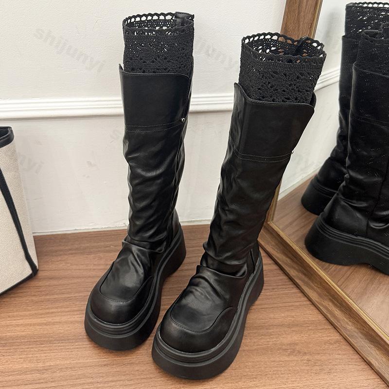 Stivali Alti da Cavaliere Donna 2026 Autunno Pizzo Piattaforma Moda Aumento Altezza Scarpe Stivaletti Lunghi Slim Punk da Donna Zapatos De Mujer
