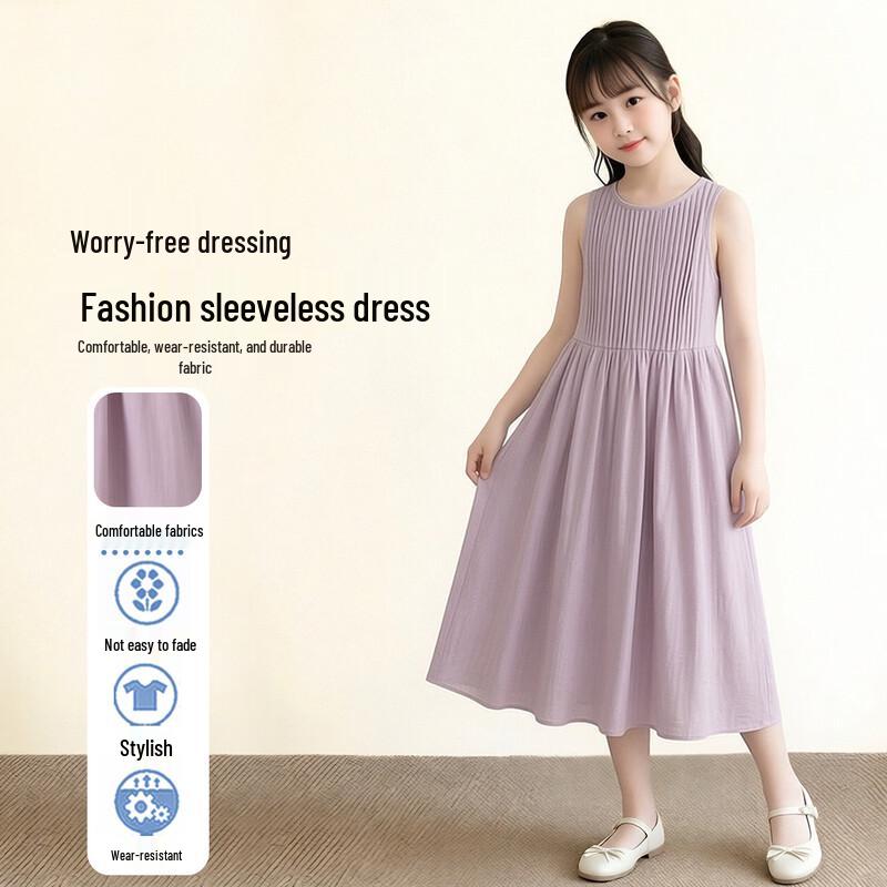 Frog Prince Girls  Korean Casual Sleeveless Pleated Waist Long Dress 170