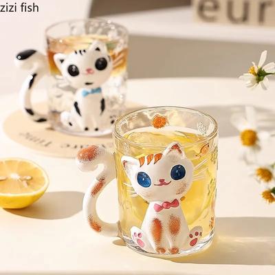 Kabartmalı El Boyaması Cam Kupa Yaratıcı Sevimli Kedi Kahve Kupası Latte Kupası Çift Kupası Kahvaltı Kupası Ev Tipi Su Bardağı Çay Bardakları