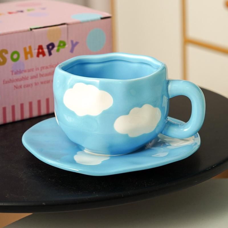 Blue Sky White Clouds Ceramic Mug and Saucer Set - Personalized Portable Coffee Cup for Couples