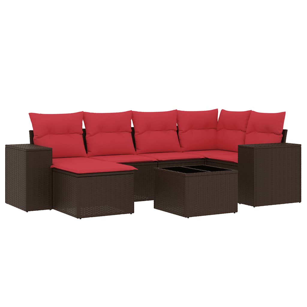 7 Piece Garden Sofa Set with Cushions Brown Poly Rattan