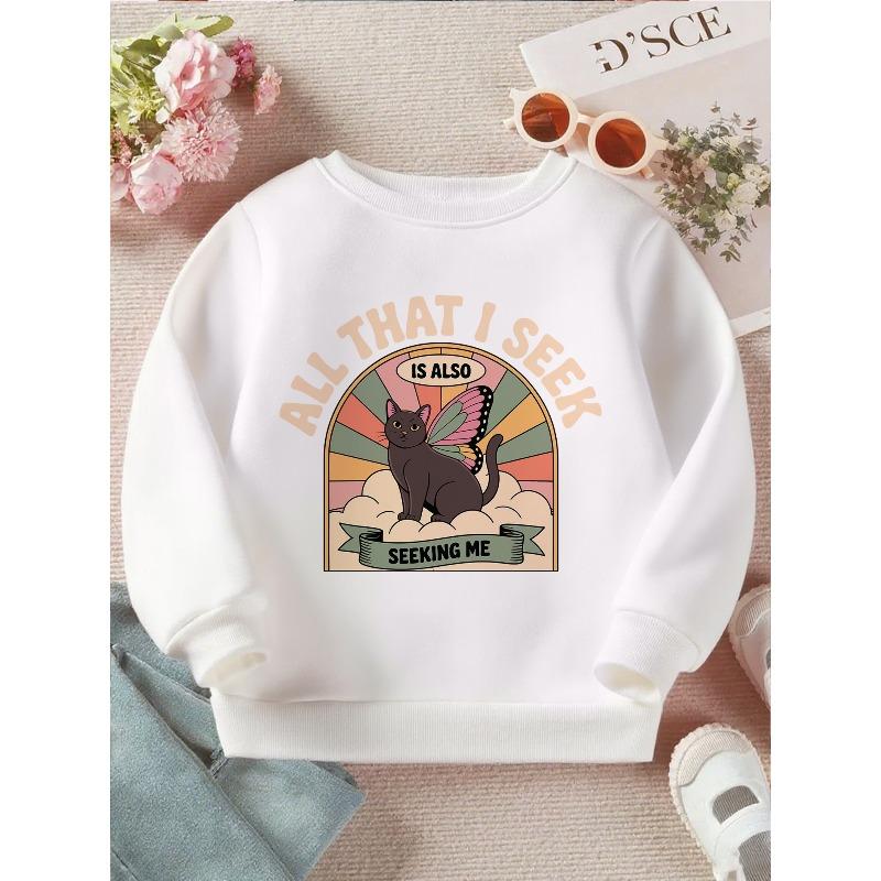Kids Crewneck Sweatshirt, Magical Winged Black Cat Seeking Me Rainbow Wings Graphic Print 110 белый