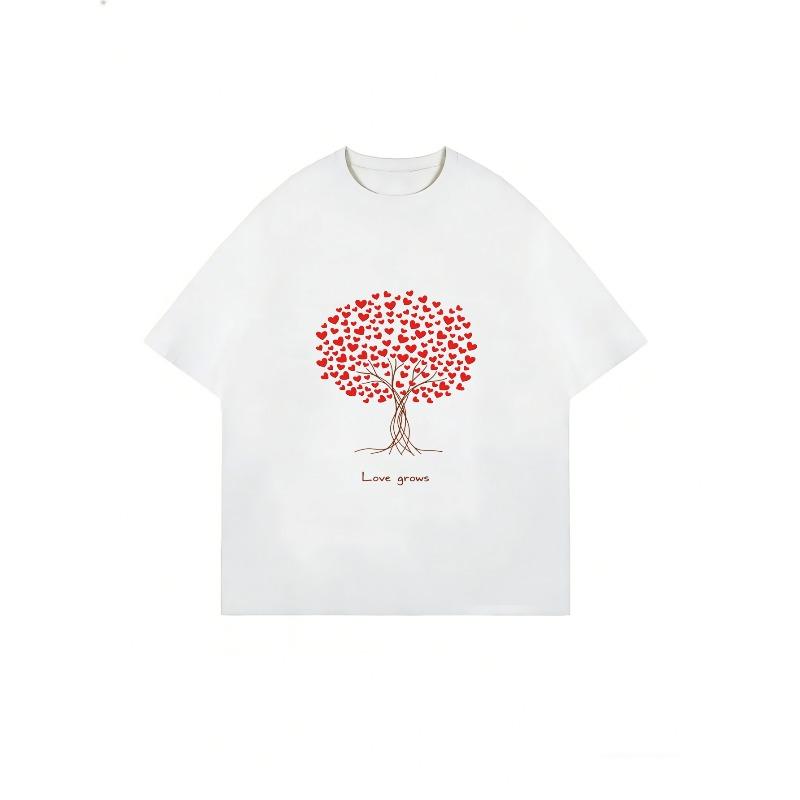 White T Shirt With Love Tree Heart Pattern And Love Grows Text For Casual Wear