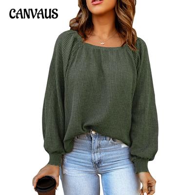 Spring and Autumn Women's Blouse Solid One Square Neck Loose Casual Long Sleeve Top