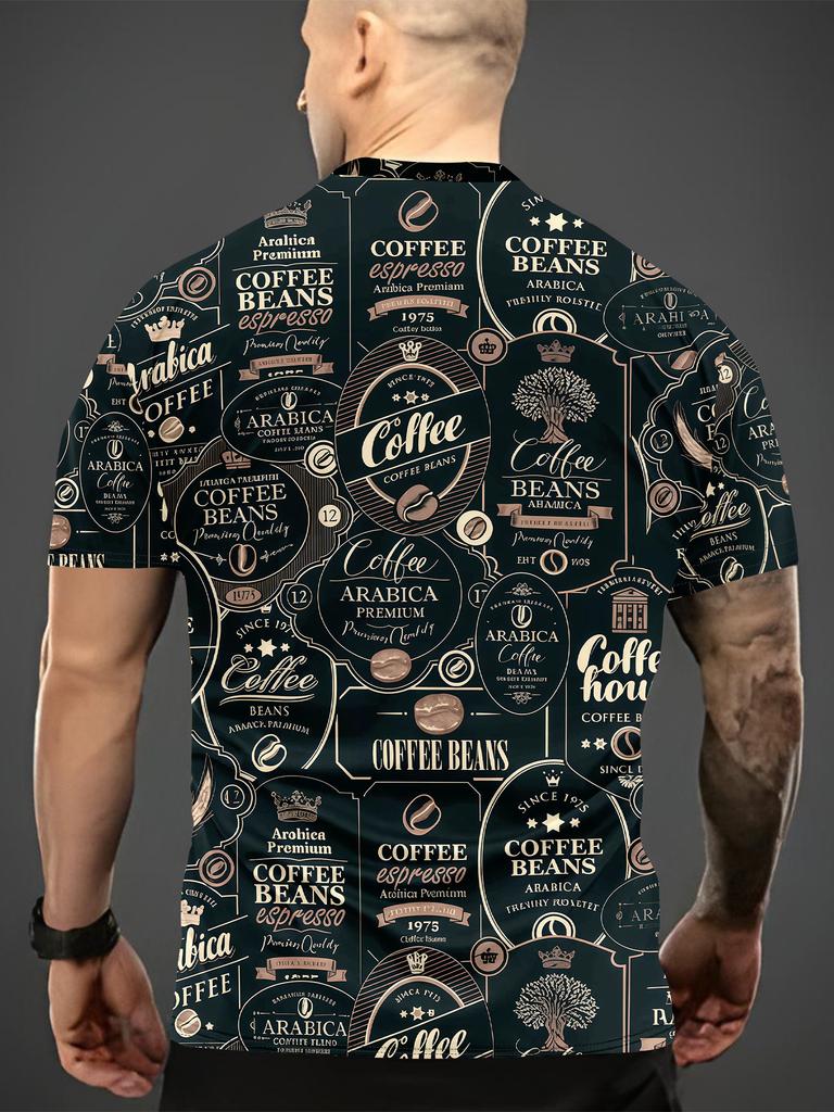 Coffee Beans Pattern Men's Round Neck T-Shirt | 3D Printed Casual Summer Top for Outdoor Activities & Fitness | Stylish and Breathable Design Perfect