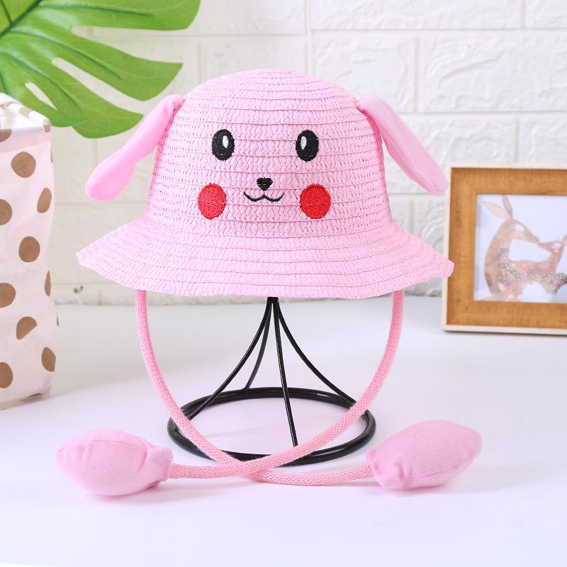 Children'S Straw Hat Summer Sun Protection Sun Hat Cute Pikachu Ears Can Move Rabbit Hat Outdoor Tourist Attractions