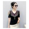 Summer V Neck Mesh Korean Fashion Patchwork Diamond Shirt Short Sleeve Women T Shirt