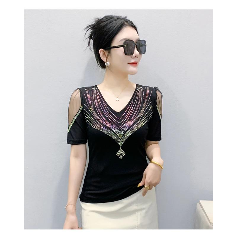 Summer V Neck Mesh Korean Fashion Patchwork Diamond Shirt Short Sleeve Women T Shirt