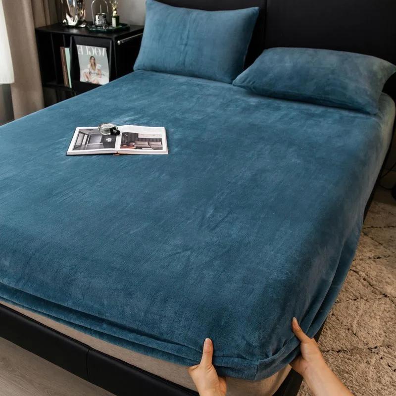 Yumuşak Sıcak Peluş Fitted Sheet Elastik Yatak Örtüsü Kabarık Mercan Polar Yatak Örtüsü Kış Çift Lüks Çift Kişilik Yatak Örtüsü