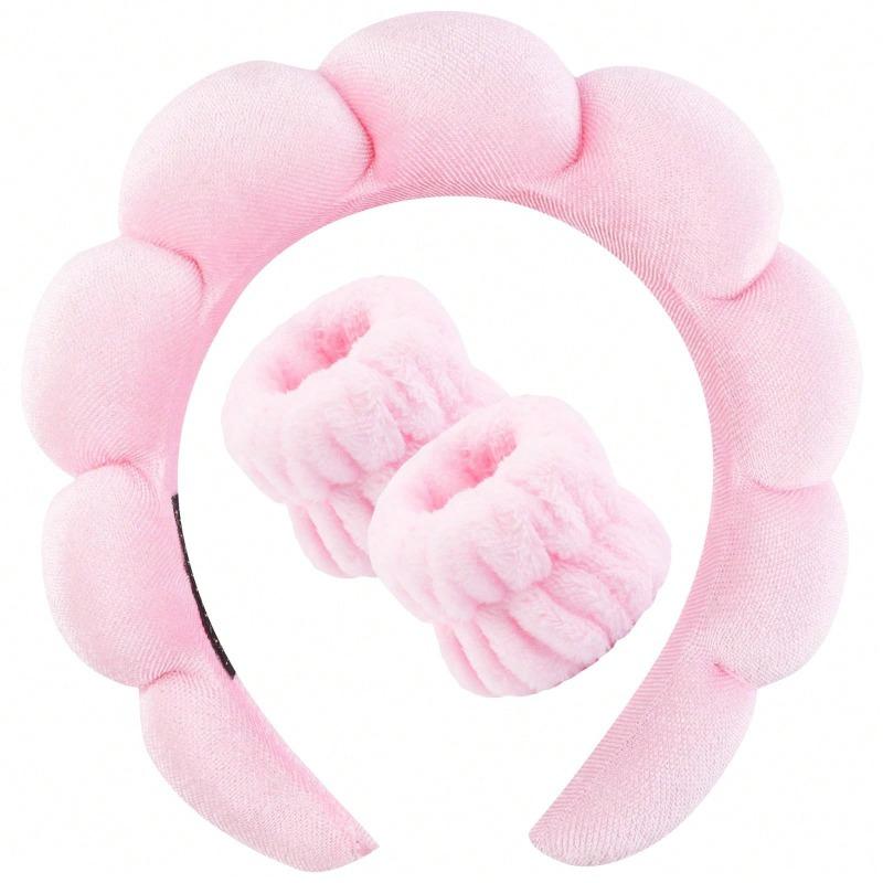 1 Gesichtsband/2 Waschgesichts-Armbänder Make-up Hautpflege Flauschiges rosa Samtband Mädchen Haaraccessoires Set Spa Hautpflege Werkzeuge