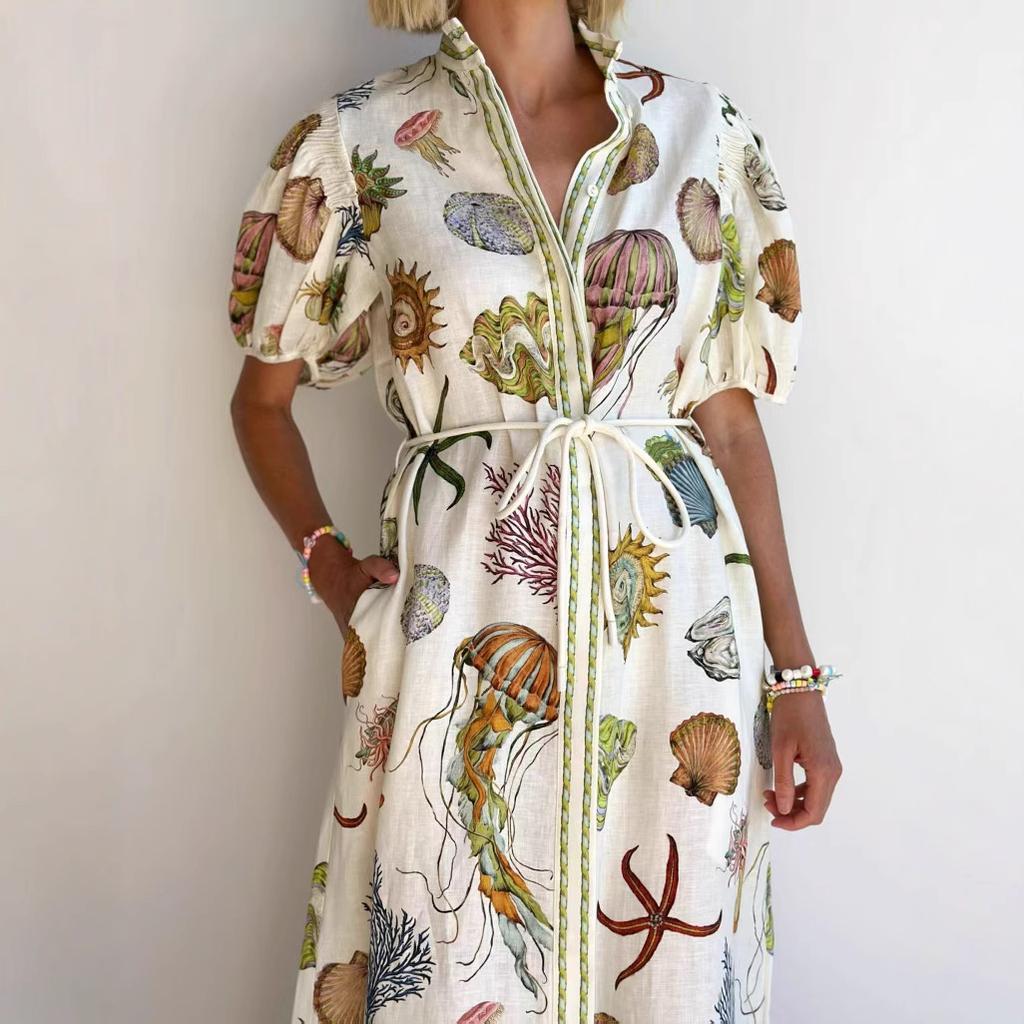 Grenzüberschreitend 2025 Amazon Unabhängige Seite elegantes lässiges Strickjacken-Kleid mit Stehkragen zum Binden Leinenkleid