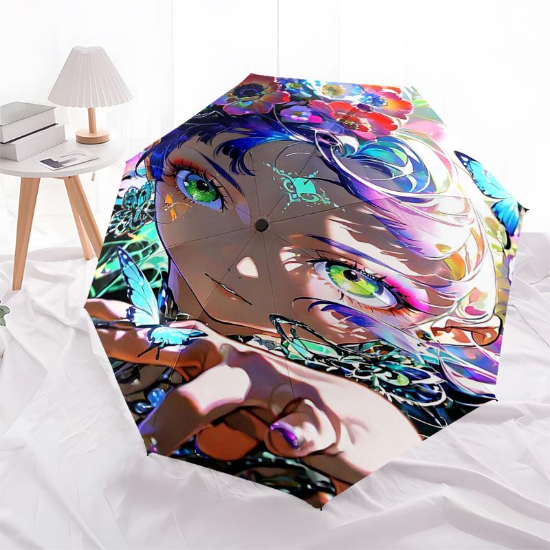 1pc Outdoor Umbrella with Fantasy Girl and Flowers Design - Automatic Opening/Closing, Portable 3-Fold Design, 8-Rib Iron Frame, Perfect Gift for