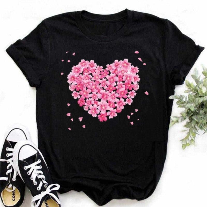 Maycaur New Finger Heart T Shirt Mulheres Tops Coreano Ulzzang Graphic Tees Moda Feminina Camisetas Femininas 90s Meninas Camisa Preta