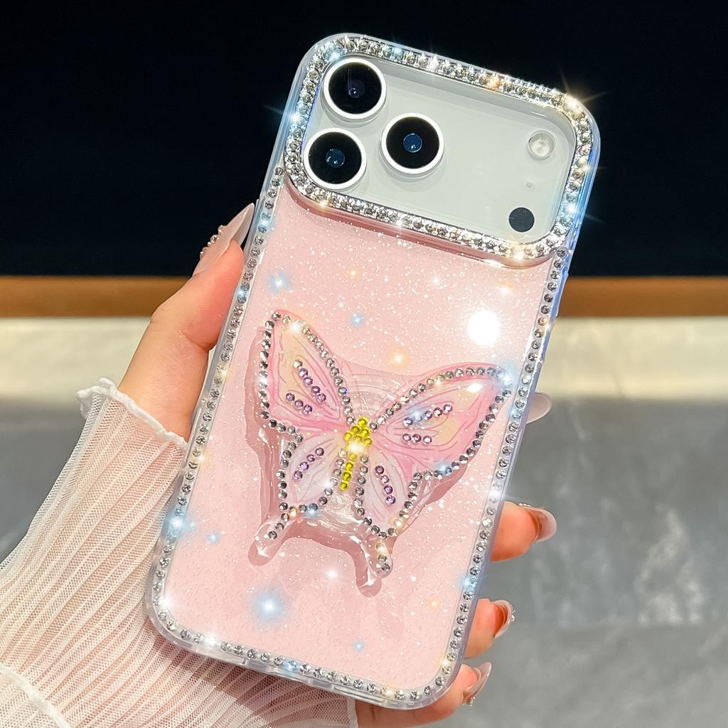 Flash Diamond for Apple 17Air Phone Case Flash Powder for IPhone 16E Straight Mirror Stand 15promax