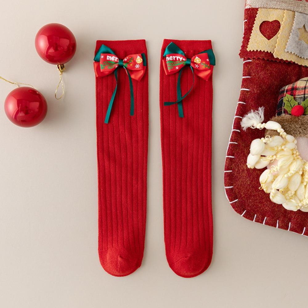 

Носки красные новогодние средней длины с зеленым бантом для детей, теплые носки для сна, осенние Style 3