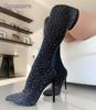 Comemore Rhinestone Pointed High Heel Sock Boot Outdoor Women Shoes Stiletto 2025 Women's Autumn Over The Knee Boots 43