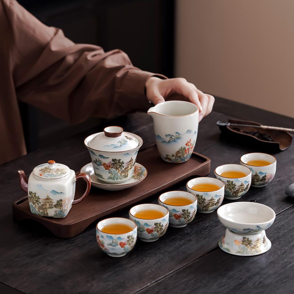 Kung Fu Tee-Set Ru Ofen Prachtvolle Berge und Flüsse Teekanne Deckel Schale Komplettes Set Geschenkbox Geschäftstreffen Veranstaltungsgeschenke