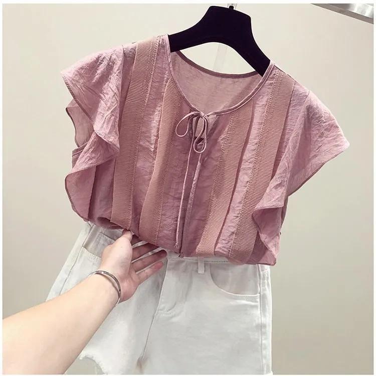 Camisa de gasa de manga corta, suelta, fresca, de color liso, de verano para mujer, top sencillo con volantes y lazo