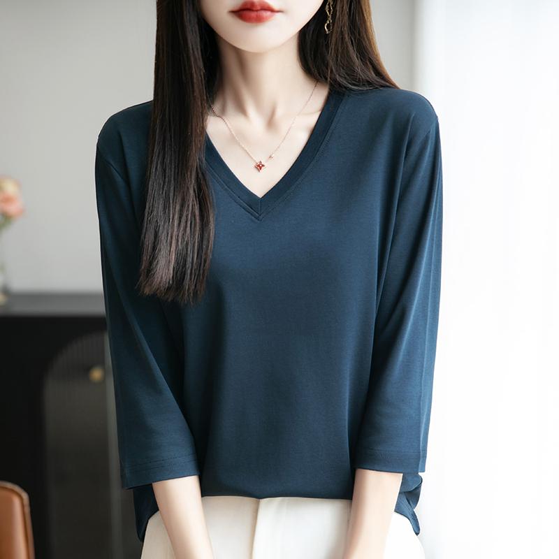 Spring Summer Cotton V-neck T-shirt Short-Sleeved Women's Half-Sleeve Bottoming Shirt High-End Cropped Sleeve Top