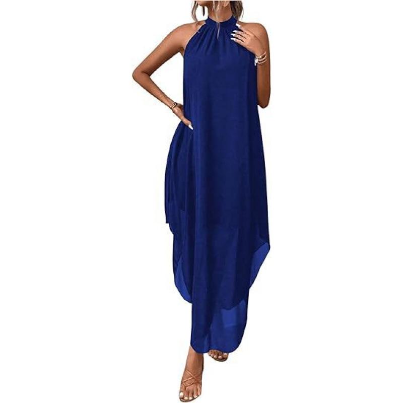 Hochzeitsgastkleid schulterfrei fließend einfarbig ärmellos asymmetrisch böhmisch lang Kleid Damen