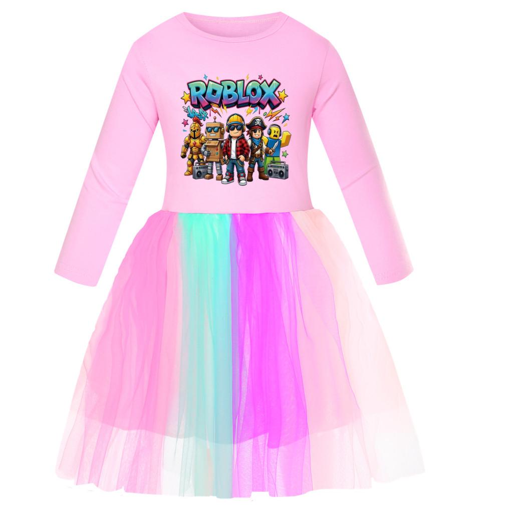 5574 Kid Girls Casual Roblox Game Printed Mesh Rainbow Dress