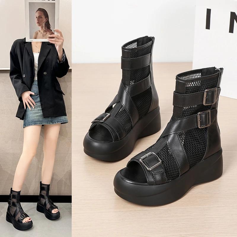 Fashion Women's Sandalias Zip Breathable Mesh Mid-heeled Women Shoes Black Roman Toes Exposed Summer Fashion Thick-soled Sandals