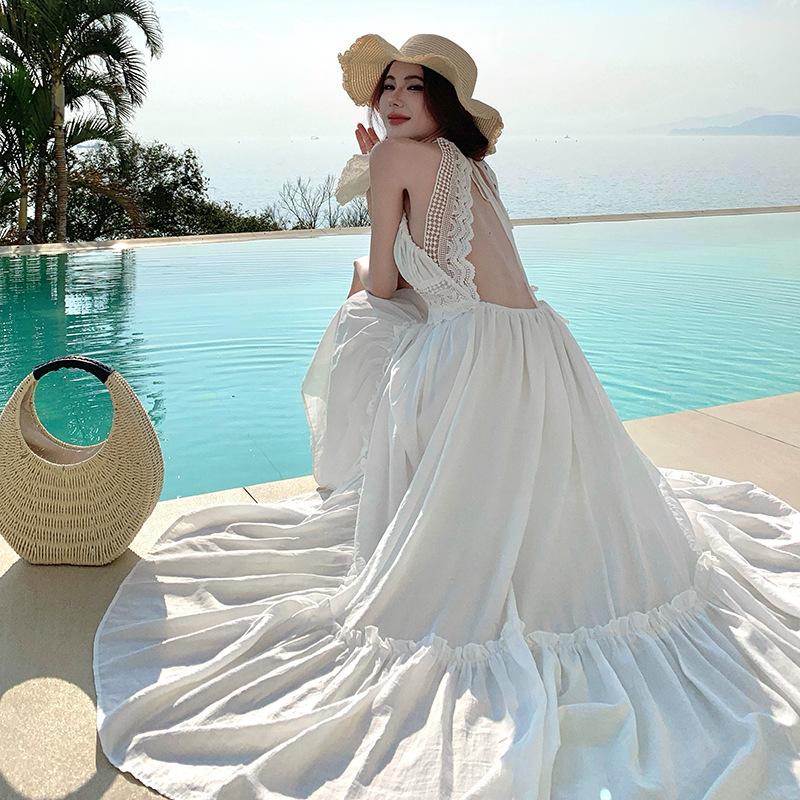 French White Moonlight Neck Halter Dress Sexy Pure Desire Style White Temperament Atmosphere Vacation Beach Dress