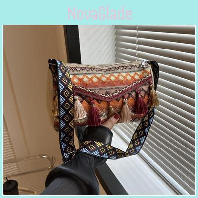 Ethnic Style Fringe Crossbody Bag With Wide Shoulder Strap For Daily Casual Use