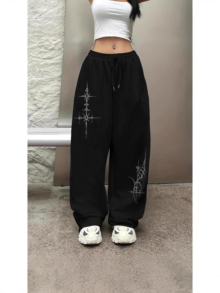 Damen lockere gerade Sporthose mit Taschen, Kordelzug und großem Aufdruck