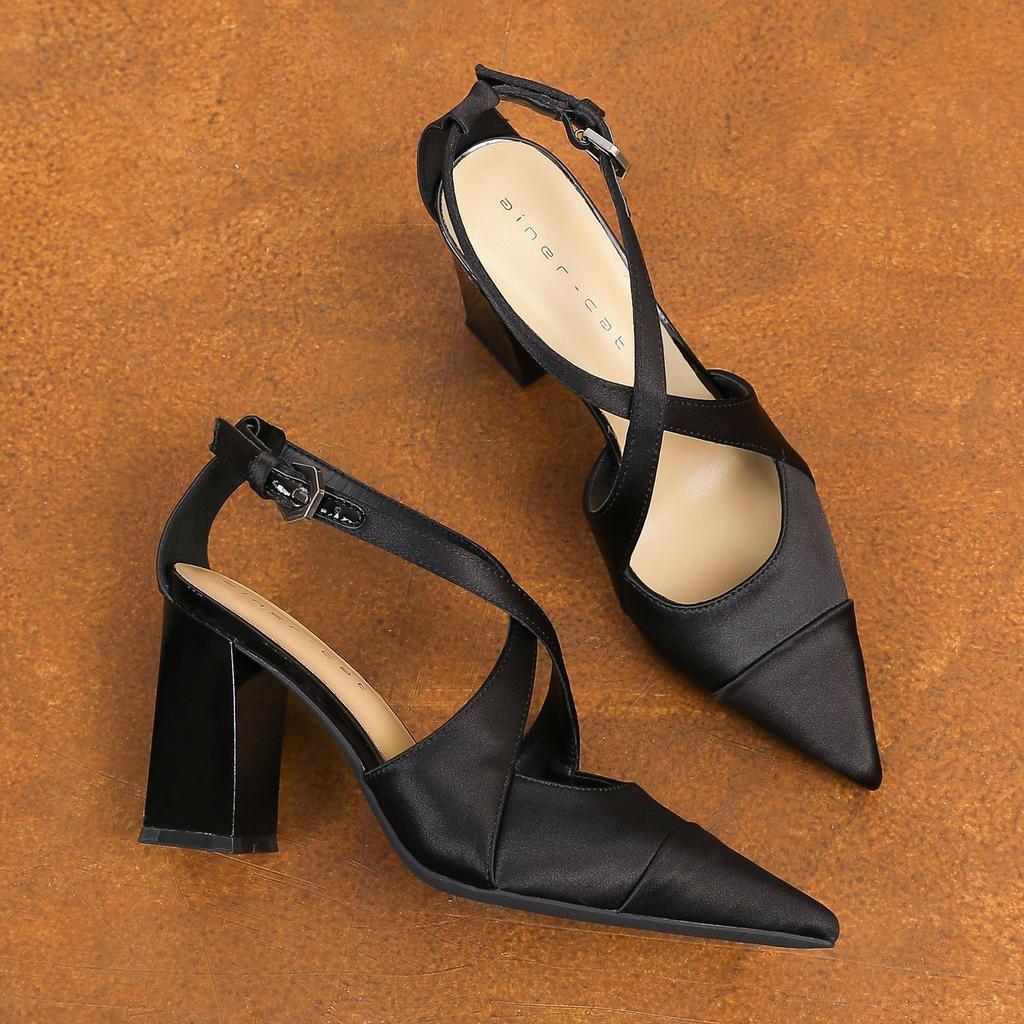 89811 [Schafsleder] High Heels Damen dicker Absatz 2025 neu spitz zulaufend Temperament gekreuzter Riemen hohl gespleißt einzelner Schuh