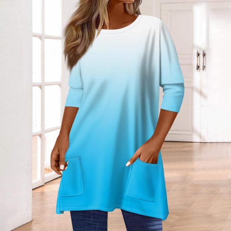 Women 3/4 Sleeve Round Neck T Shirt Casual Print Blouse Pullover Tops with Pocket Mid Length