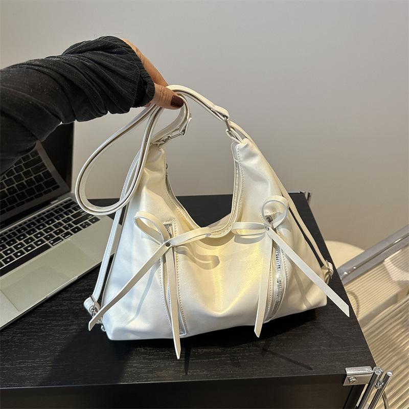 Korean Style Bowknot Faux Leather Bucket Bag for Women, Soft Single Shoulder Hobo Purse, Chic Casual Crossbody Handbag