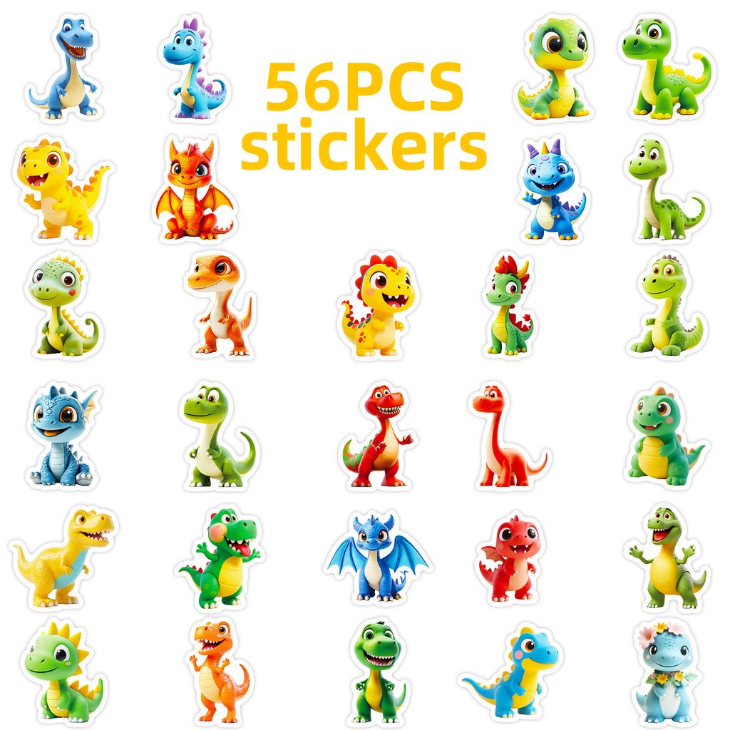 56 Cartoon Rubber Dinosaur Graffiti Stickers Water Cup Computer Stationery Decorative Waterproof Stickers
