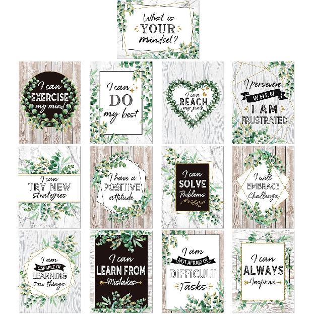 Pajean 13 Pcs Growth Mindset Posters Bulletin Board Decorations Simply Boho Eucalyptus Motivational Classroom Posters pirational Growth Mindset Wall