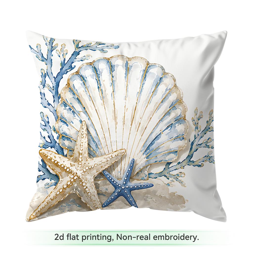 Pcs Blue Gold Shell Text Design Singlesided Printed Pillowcase Cushion Coversuitable For Living Roombedroomcar Decoration